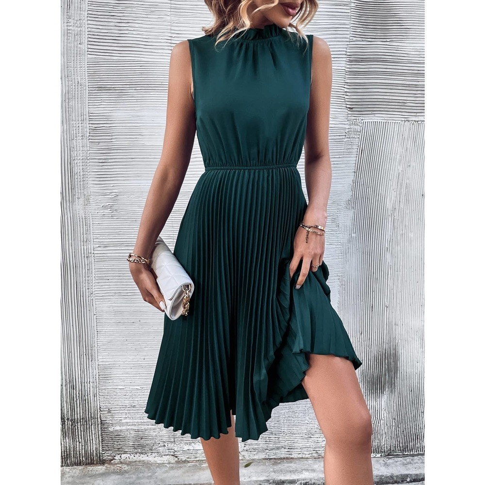 Minimalist Solid Pleated Hem Mock Neck Dress Dark… - image 1